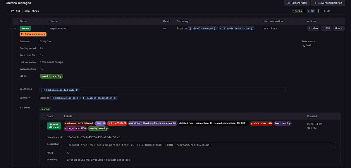 Grafana alert rule for AIX errpt hardware errors