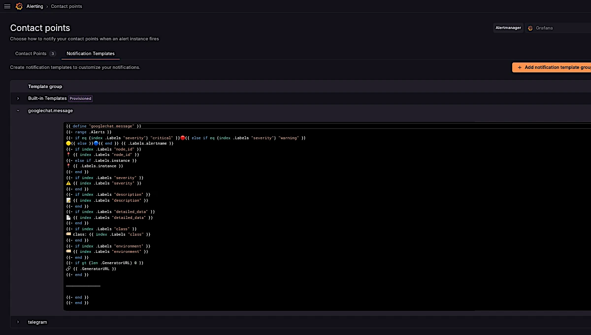 Grafana contact points configured for Loki Agent alerts