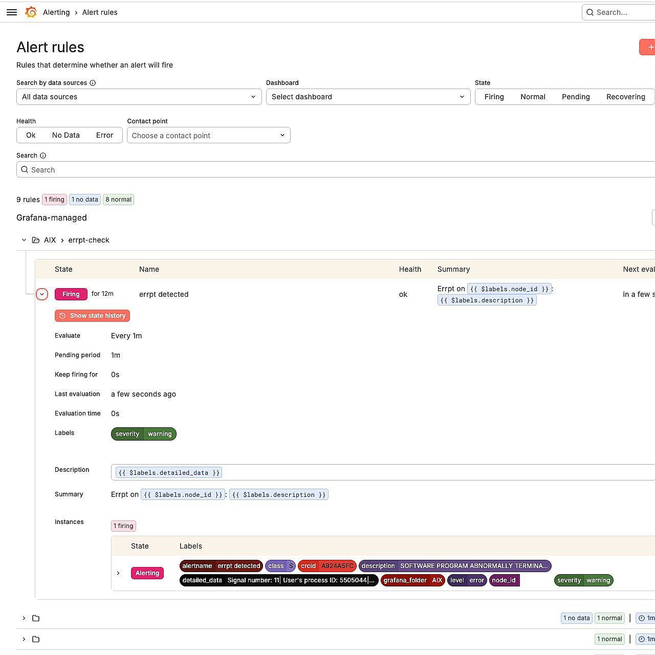 AIXWatch — Grafana alerting configuration for AIX errpt