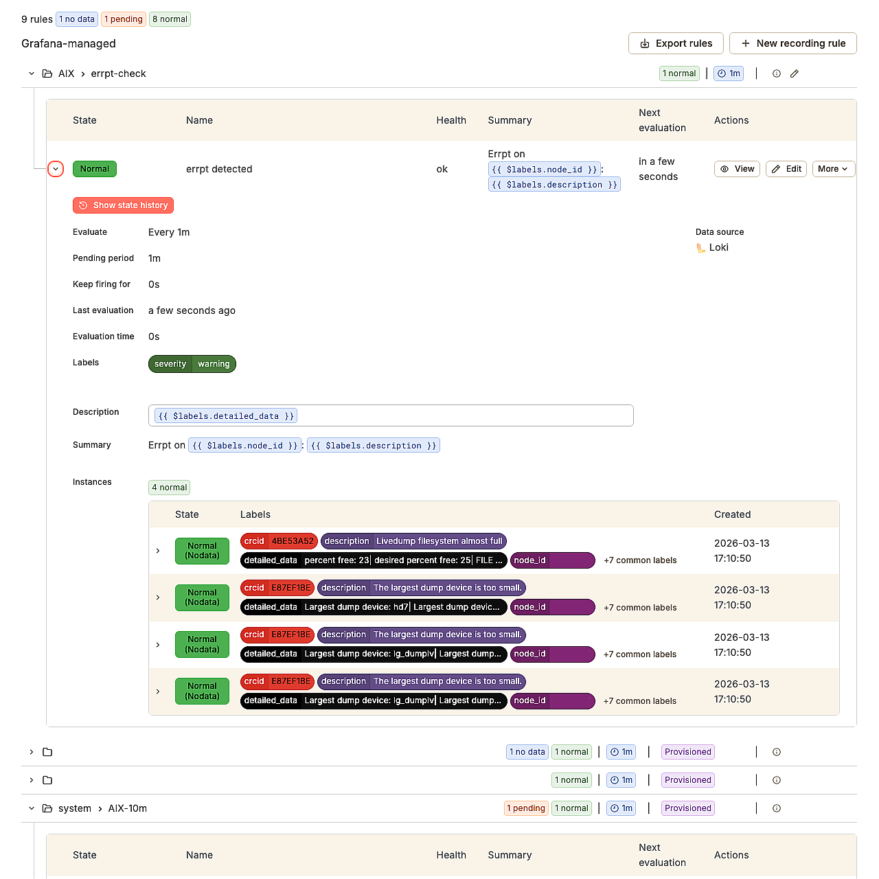 AIXWatch — Grafana alerting rules for AIX errpt error log